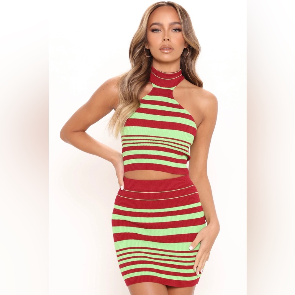Fashion Nova Ellery Striped Sweater Skirt Set - Burgundy/combo in WOMENS XS